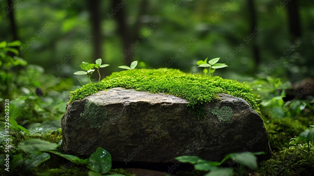 Moss-covered rock in a verdant forest environment Moss-covered rock in a verdant forest environment
