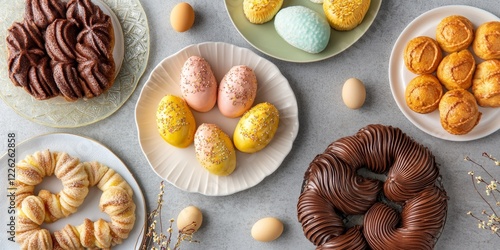 Colorful Easter egg-shaped cookies and pastries displayed on elegant plates for a festive occasion photo