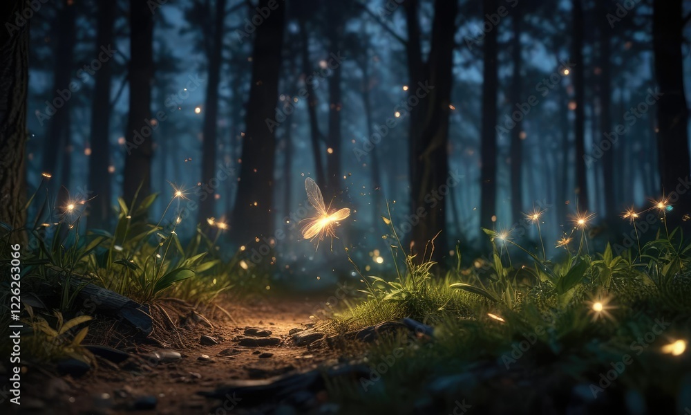 Obraz premium Glowing firefly amidst a swarm of fireflies in the forest at night, forest, twinkling lights, glow