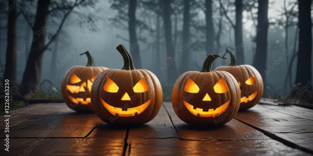 Glowing jack-o-lanterns on wooden surface surrounded by misty forest, decoration, wooden surface Glowing jack-o-lanterns on wooden surface surrounded by misty forest, decoration, wooden surface