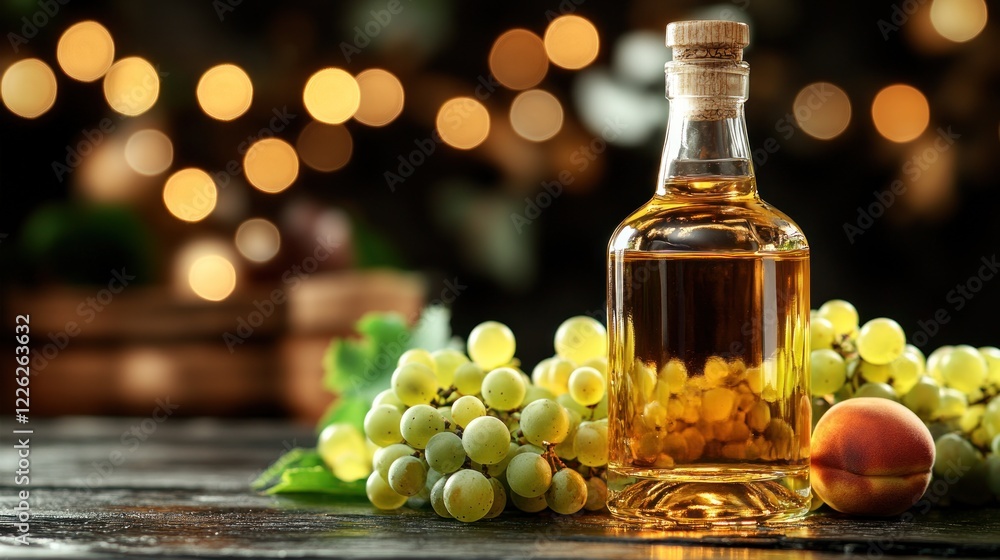 Grape seed oil bottle, fruit, winery bokeh Grape seed oil bottle, fruit, winery bokeh