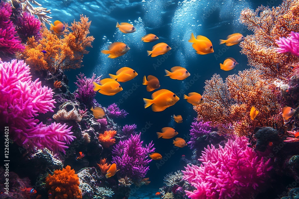 Vibrant Coral Reef With Schools Of Orange Fish Swimming Vibrant Coral Reef With Schools Of Orange Fish Swimming