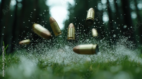A dynamic scene of bullets suspended in the air amidst a forest setting.