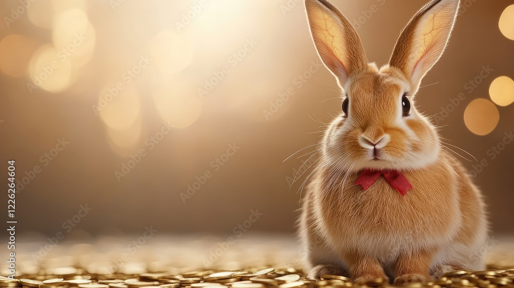Obraz premium Cute bunny, red bow, gold bokeh. Holiday card, website banner