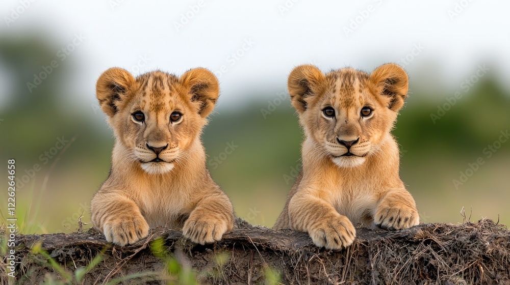 Obraz premium Two cute lion cubs sit side by side on a dirt mound in the African savanna during the day.