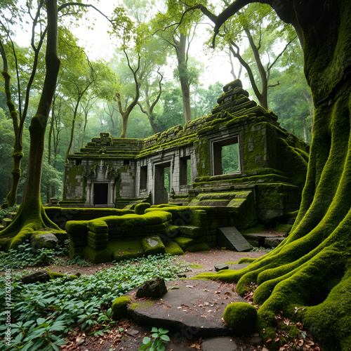 The ancient ruins sit quietly in the dense forest, draped in thick green moss that seems to whisper secrets of centuries past photo