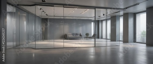 Grey-painted room with large glass partitions and a soothing atmosphere, glass partitions, peaceful ambiance photo