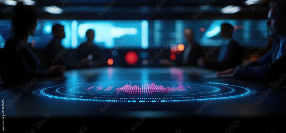 Data analysis meeting futuristic tech table displays graphs; blurred executives in background Data analysis meeting futuristic tech table displays graphs; blurred executives in background