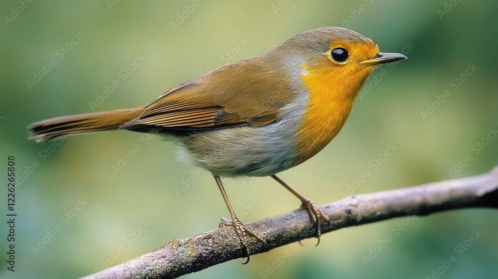 Fototapeta premium European Robin perched on a branch, showcasing vibrant orange breast and detailed plumage. Ideal for nature, wildlife, or spring themes, evokes feelings of peace and tranquility.