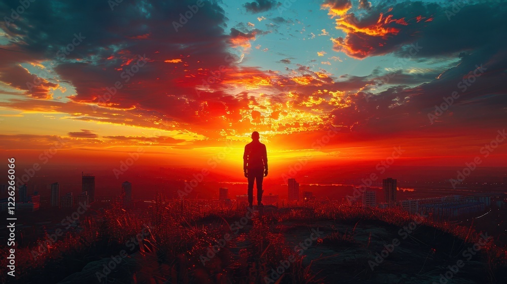 Sunset over a city with a person standing on a hill Sunset over a city with a person standing on a hill