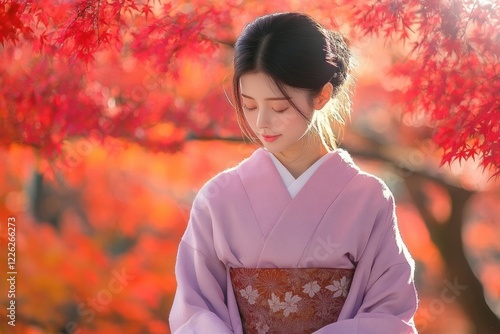 Serene Girl in Lavender Kimono Sitting in Front of Vibrant Red Maple Trees in Traditional Japanese Autumn Landscape photo