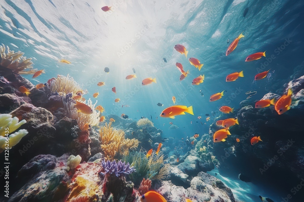 Fototapeta premium Vibrant coral reef teeming with orange fish. Perfect for travel, nature, or ocean-themed projects.