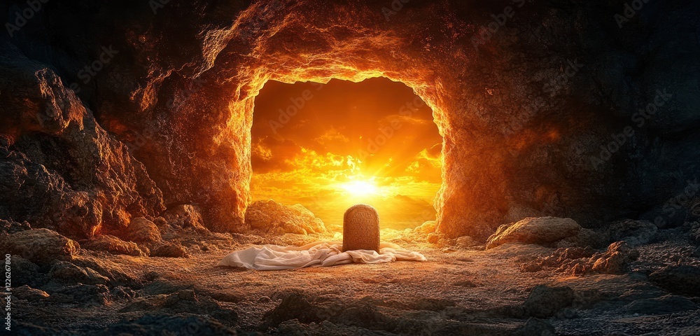 Resurrection Of Jesus Christ Empty Tomb With Shroud And Cross At Dawn Resurrection Of Jesus Christ Empty Tomb With Shroud And Cross At Dawn
