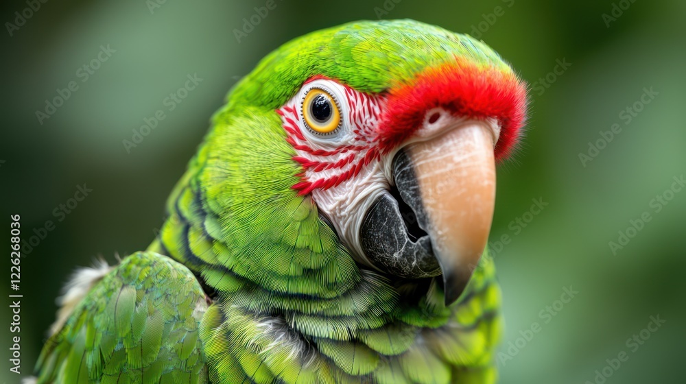 A close-up of a vibrant green parrot with striking red and yellow accents. A close-up of a vibrant green parrot with striking red and yellow accents.