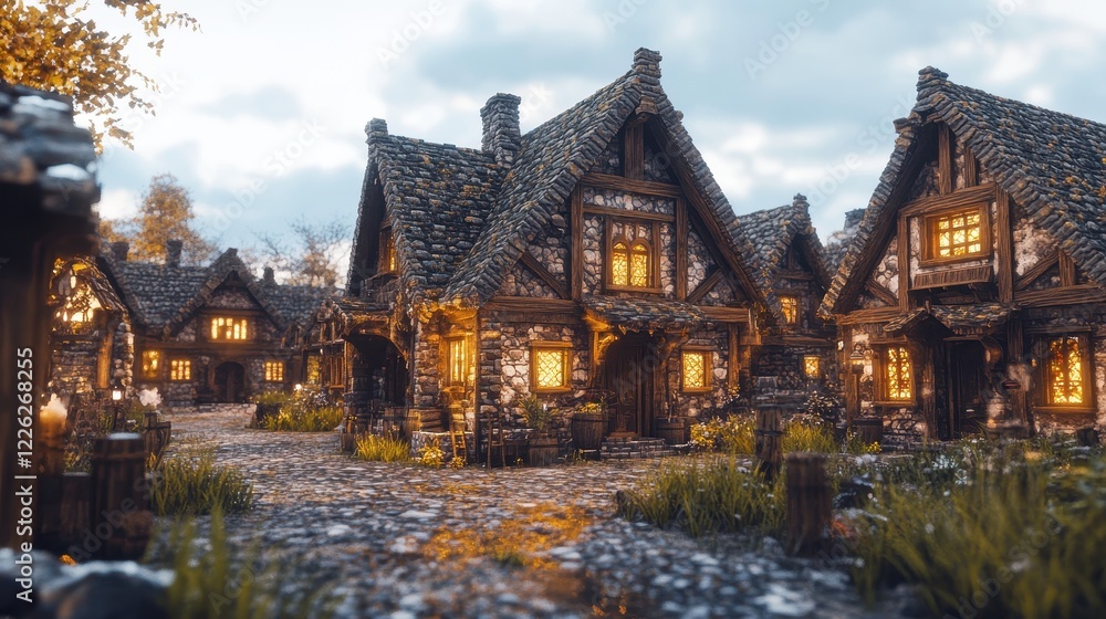 A quaint medieval village street at twilight A quaint medieval village street at twilight