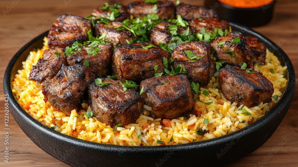Grilled beef cubes on saffron rice, wooden table, close-up, food photography Grilled beef cubes on saffron rice, wooden table, close-up, food photography