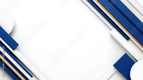 Abstract geometric background with blue, white, and gold shapes on white backdrop.
