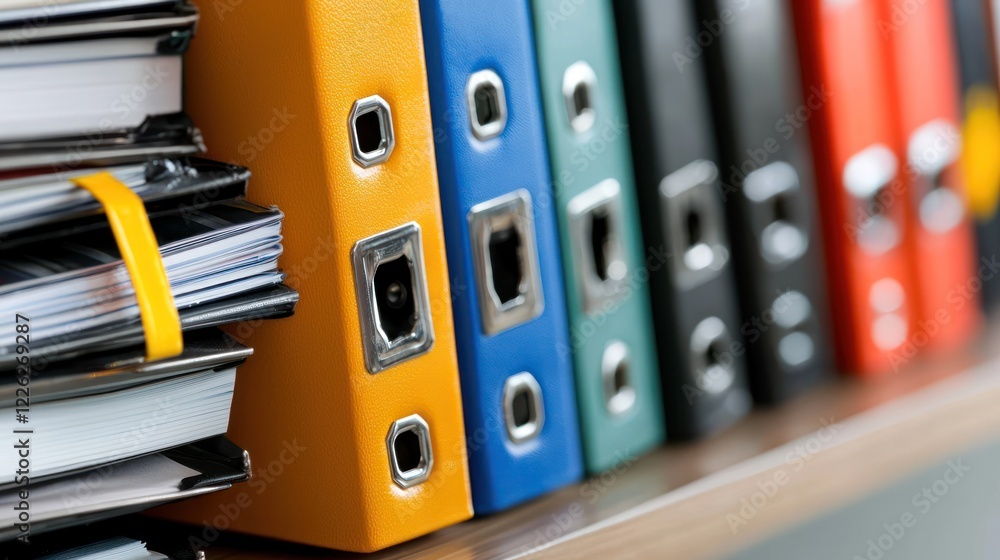 A close-up of colorful binders on a shelf, filled with documents for organization. A close-up of colorful binders on a shelf, filled with documents for organization.