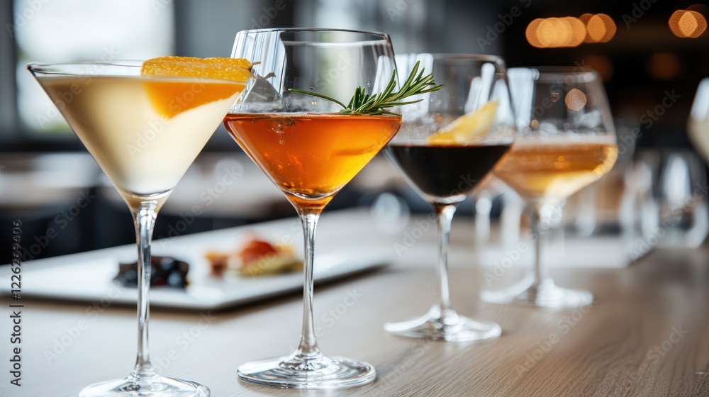 A variety of elegant cocktails displayed on a table, showcasing mixology artistry. A variety of elegant cocktails displayed on a table, showcasing mixology artistry.