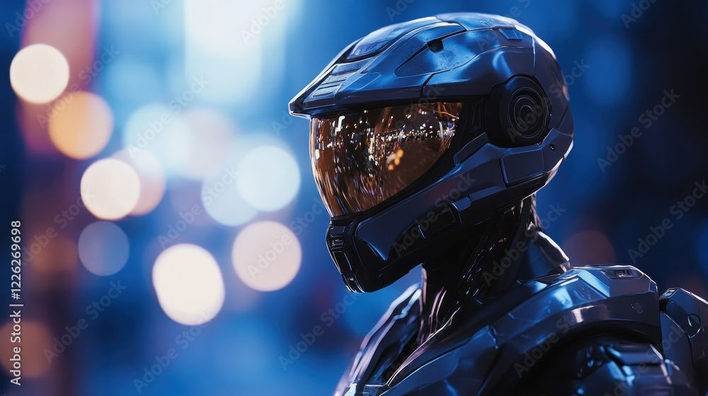 Armor style robot with reflective helmet, AI generated image Armor style robot with reflective helmet, AI generated image