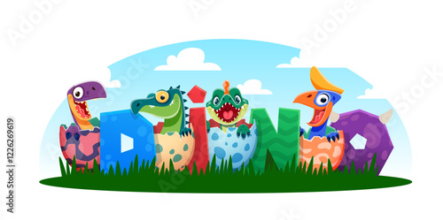 Cartoon funny cute dino kids. Dinosaurs newborn baby in egg shell cute isolated vector personages. Prehistoric Jurassic era reptile kids or children happy smiling cartoon characters or mascots