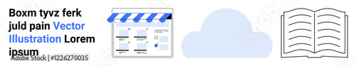 Online store facade with blue striped awning, a cloud icon, and an open book. Ideal for e-commerce, digital storage, education, online learning, cloud services digital libraries marketing. Landing