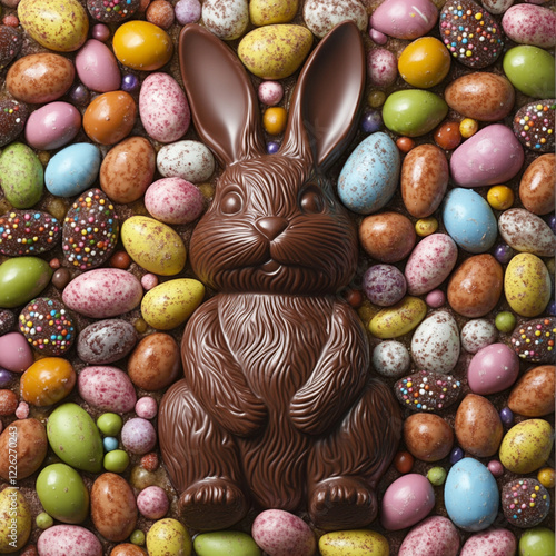A chocolate bunny submerged in candy eggs