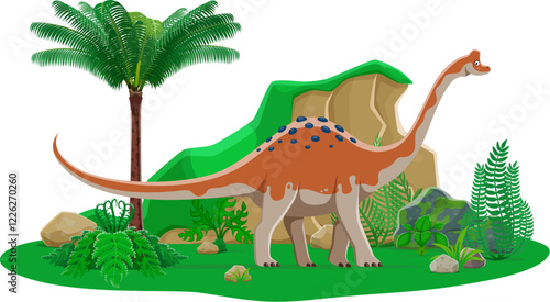 Cartoon Pelorosaurus dinosaur adorable character. Extinct lizard, Jurassic era animal or prehistoric reptile vector personage. Paleontology Pelorosaurus dinosaur character in tropical forest scene