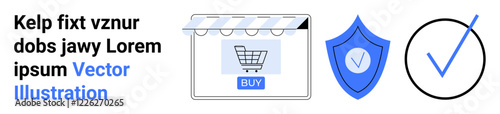 Online shop storefront with shopping cart, security shield symbolizing protection, and checkmark for trust and reliability. Ideal for security, retail, technology, trust, payment, e-commerce flat