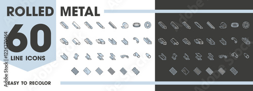 Rolled steel metal line icons vector set representing rolled metal and steel components, shapes and profiles for industrial, construction or engineering projects. Manufacturing production linear signs