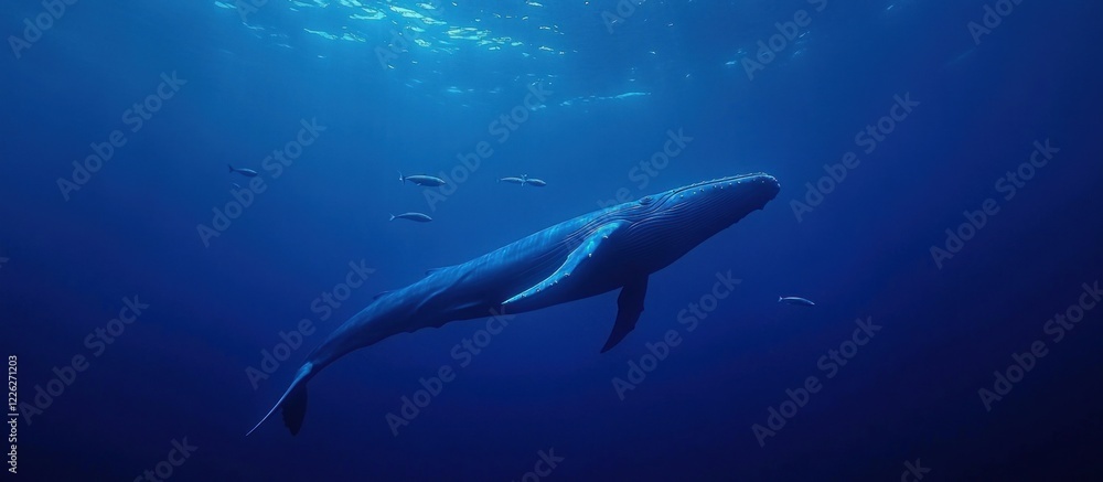 Fototapeta premium Majestic whale swimming in deep blue ocean.