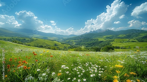 明るい夏空の下の緑の丘の眺め7