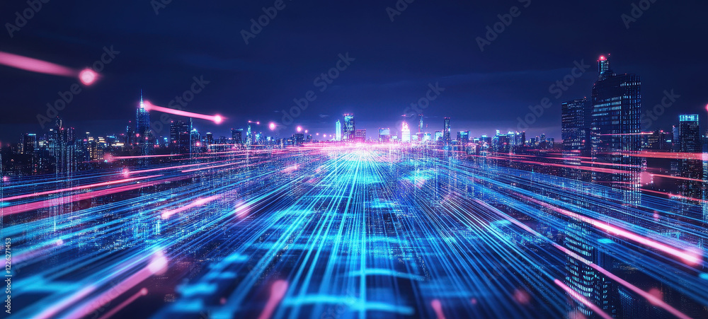 Vibrant and dynamic city skyline at night illuminated with brilliant blue and pink lights creating a sense of movement and futuristic technology Vibrant and dynamic city skyline at night illuminated with brilliant blue and pink lights creating a sense of movement and futuristic technology