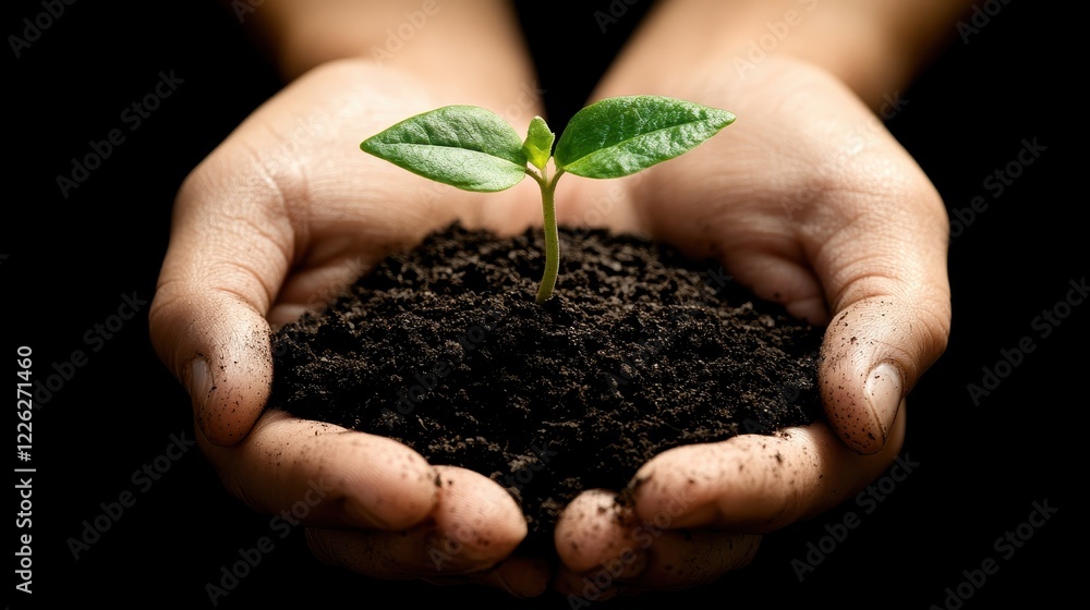 Close-Up of Hands Holding Rich Soil with Young Plant Growing Against Dark Background for Nature Themes Close-Up of Hands Holding Rich Soil with Young Plant Growing Against Dark Background for Nature Themes