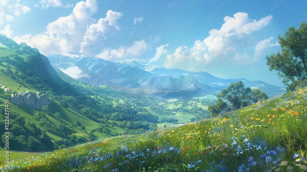 Fototapeta premium 明るい夏空の下の緑の丘の眺め14