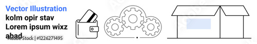 Wallet holding credit cards, central cloud with cogwheels, house outline representing home. Ideal for finance, cloud computing, home improvement, technology, banking, real estate construction
