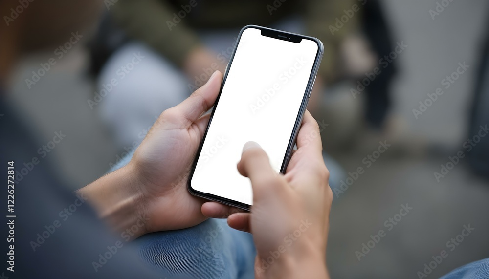 A person holding a smartphone with a blank white screen, seated in an outdoor casual environment, blurred background. A person holding a smartphone with a blank white screen, seated in an outdoor casual environment, blurred background.