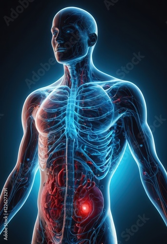 A glowing human body with highlighted organs and a focused nervous system, showing connections within biological and digital structures.