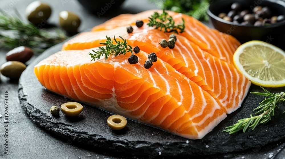 Fresh salmon fillets on slate with herbs & olives. Fresh salmon fillets on slate with herbs & olives.