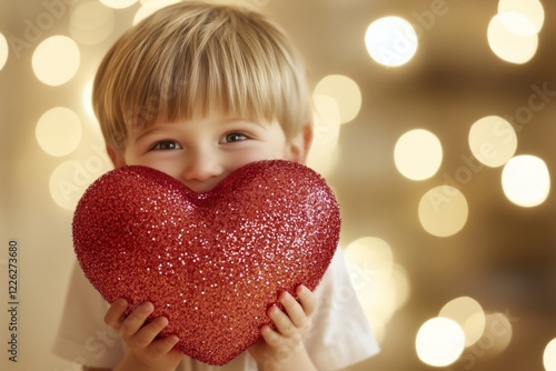 Sign of love. Commercial promotion visual idea. Ð¡hildren valentine's day greeting card: toddler boy with thrilled face holds red heart in hands. Family bonding valentine's. Red heart for kids. photo