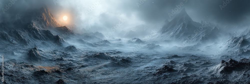 Obraz premium Misty Mountain Range at Sunset: A Digital Landscape