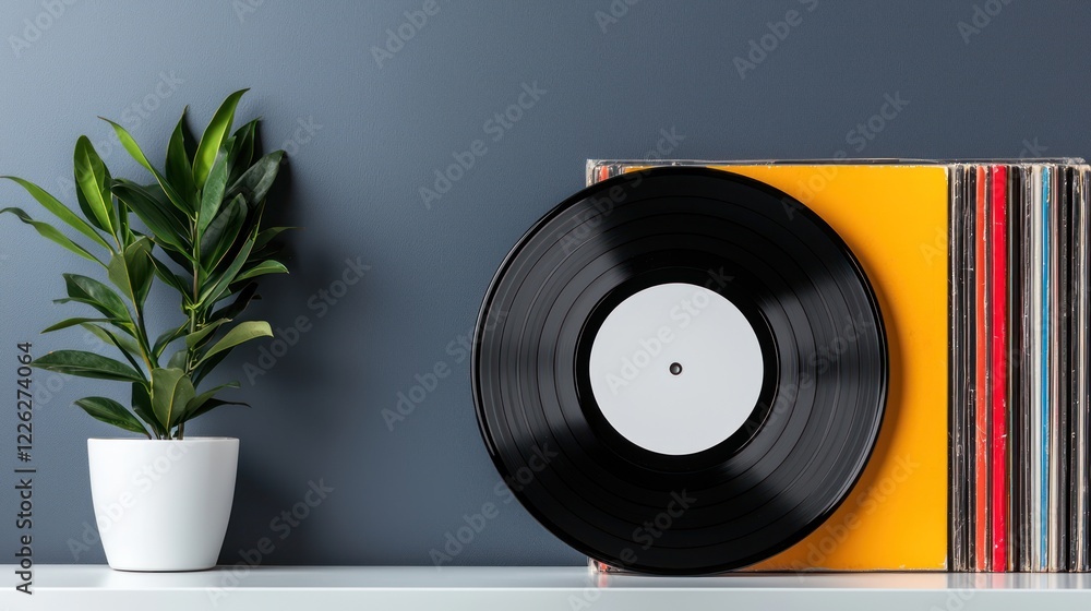 Obraz premium A vinyl record beside a stack of records and a potted plant on a shelf against a wall.