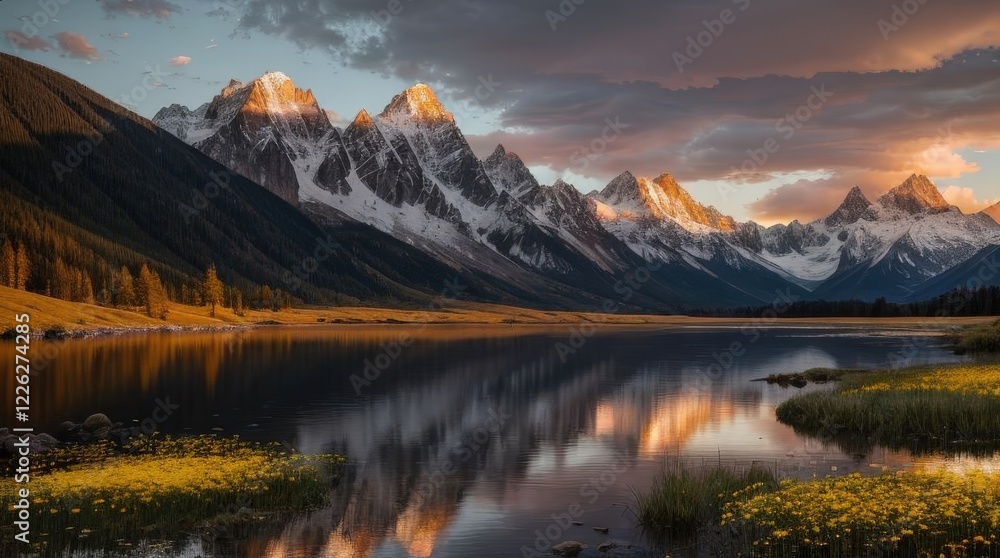 Sunrise reflecting off calm waters surrounded by snow-capped mountains, creating a tranquil scene with warm skies, serene reflections, and vibrant natural colors Sunrise reflecting off calm waters surrounded by snow-capped mountains, creating a tranquil scene with warm skies, serene reflections, and vibrant natural colors