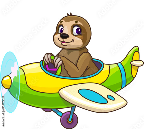 Cartoon sloth animal kid pilot on plane, baby character. Isolated vector adorable tropical sloth cub, cheerfully piloting vintage biplane with a propeller, evoking a sense of adventure and fun in sky