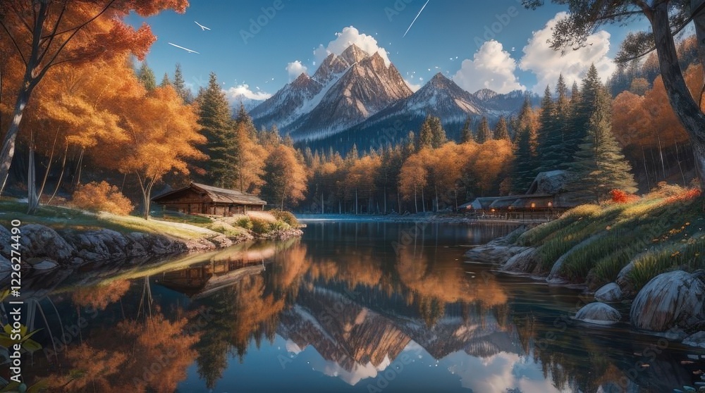 Fototapeta premium A winding path leads through rolling hills and wildflowers under a radiant sunrise, casting warm beams over misty valleys and distant forests, creating a tranquil landscape perfect for adventure.