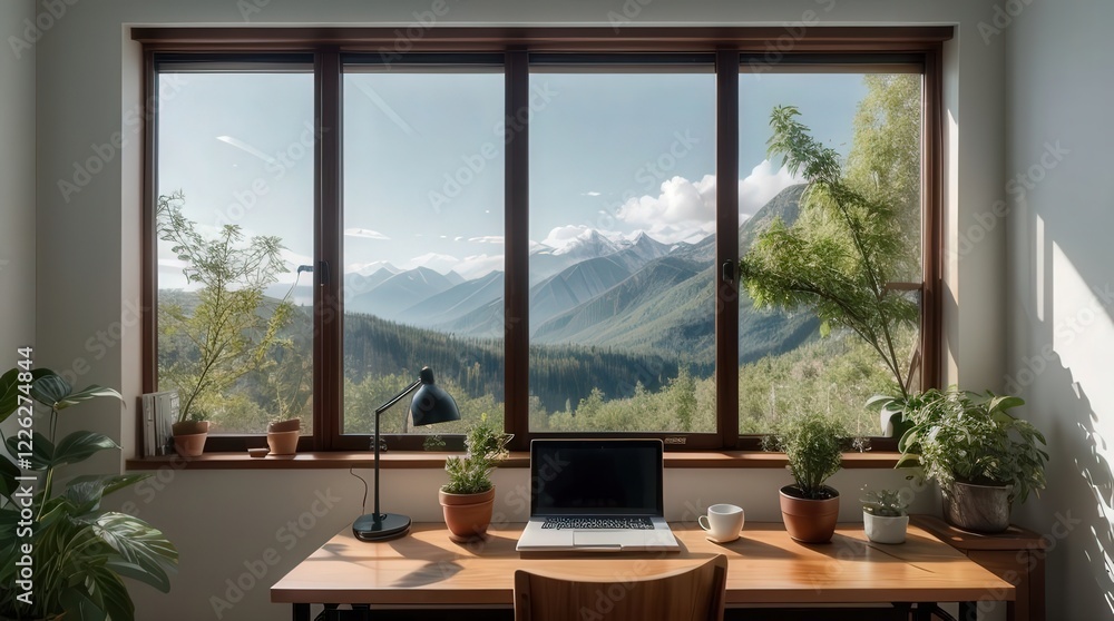 A serene home office overlooks vast forested hills and distant peaks through wide windows, blending natural inspiration with a minimalist indoor sanctuary. A serene home office overlooks vast forested hills and distant peaks through wide windows, blending natural inspiration with a minimalist indoor sanctuary.