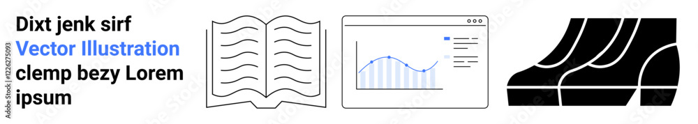 Open book with curved pages, data chart on digital screen with graph, modern black shoes in profile. Ideal for education, analytics, business, e-commerce, design footwear trends. Flat landing page Open book with curved pages, data chart on digital screen with graph, modern black shoes in profile. Ideal for education, analytics, business, e-commerce, design footwear trends. Flat landing page