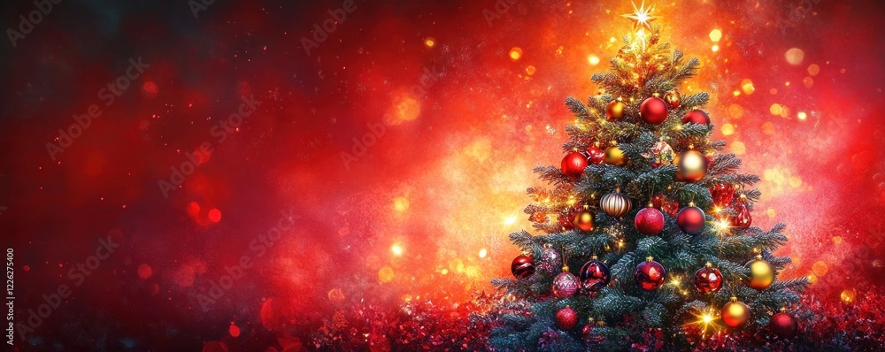 Naklejka premium Vibrant Christmas Tree with Colorful Ornaments and Blurred Red Bokeh Background