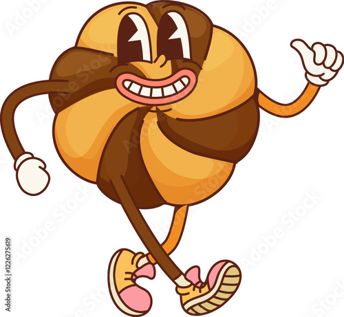 Cartoon cookie character, funny and groovy personage. Isolated vector delightful, whimsical comic bakery showcases joyful and playful vibes, conveying happiness and retro fun while happily walking