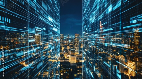Futuristic Cityscape Illuminated By Digital Data Streams